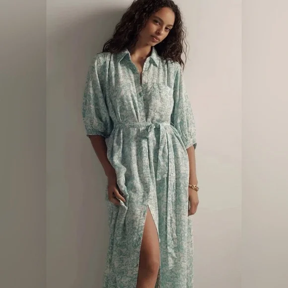 Anthropologie Maeve Button Front Belted Wrap Maxi Dress in Sky Size XL Linen - Picture 3 of 10